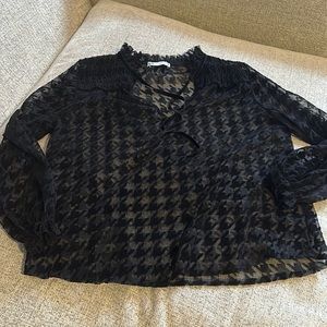 ZARA Black Sheer Velvet Houndstooth Long Sleeve Tie Neck Blouse